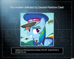 Size: 1280x1024 | Tagged: safe, artist:a4r91n, derpibooru import, rainbow dash, pegasus, pony, cap, clothes, command and conquer, command and conquer: generals, crossover, hat, jet, military uniform, smug, uniform, you lose