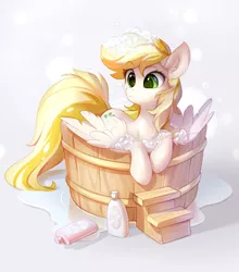 Size: 1762x2000 | Tagged: safe, artist:tomatocoup, derpibooru import, oc, oc:dandelion blossom, unofficial characters only, pegasus, pony, bath, blonde, bubble, cute, digital art, ear fluff, female, mare, not derpy, ocbetes, shampoo, simple background, soap bubble, solo, white background