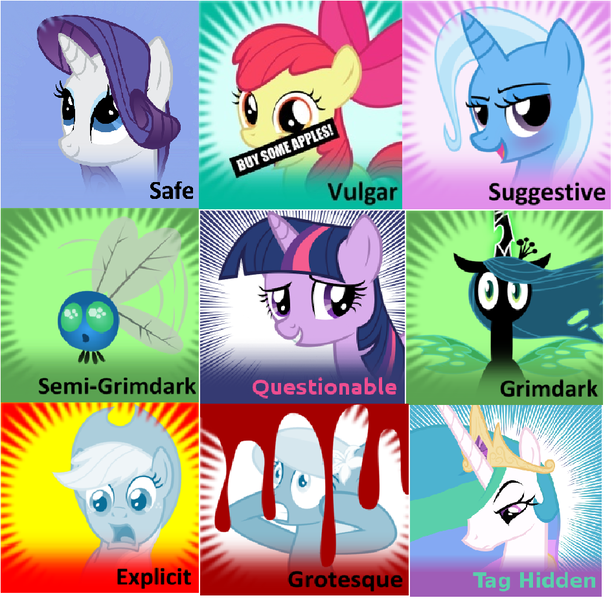 Size: 948x926 | Tagged: safe, derpibooru import, apple bloom, applejack, lily, lily valley, princess celestia, queen chrysalis, rarity, trixie, twilight sparkle, alicorn, changeling, earth pony, parasprite, pony, unicorn, derpibooru, female, filly, mare, meta, meta:explicit, meta:grimdark, meta:grotesque, meta:questionable, meta:safe, meta:semi-grimdark, meta:suggestive, meta:tag hidden, meta:vulgar, spoilered image joke