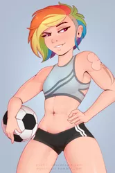 Size: 1313x1972 | Tagged: abs, armpits, artist:evehly, ball, belly button, breasts, clothes, cutie mark tattoo, delicious flat chest, derpibooru import, ear piercing, eyebrow piercing, female, fit, human, humanized, midriff, muscles, nose piercing, piercing, rainbow dash, rainbuff dash, solo, solo female, sports, sports bra, sports shorts, suggestive, tattoo