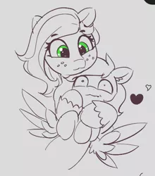 Size: 506x575 | Tagged: safe, artist:pabbley, derpibooru import, big macintosh, fluttershy, pony, butterreina, butterscotch, female, fluttermac, gray background, heart, holding, macareina, male, monochrome, partial color, rule 63, shipping, simple background, spread wings, straight, wingboner, wings