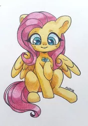 Size: 607x867 | Tagged: safe, artist:avonir, derpibooru import, fluttershy, butterfly, pegasus, pony, female, full face view, holding, looking at something, looking down, mare, raised hoof, sitting, smiling, solo, spread wings, traditional art, wings