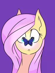 Size: 600x800 | Tagged: safe, artist:vickpaints, derpibooru import, fluttershy, butterfly, pegasus, pony, bust, butterfly on nose, cross-eyed, female, full face view, insect on nose, looking at something, mare, portrait, simple background, solo