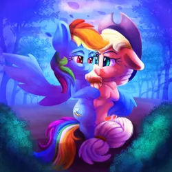 Size: 2000x2000 | Tagged: safe, artist:discorded, derpibooru import, applejack, rainbow dash, earth pony, pegasus, pony, appledash, bipedal, butt touch, cowboy hat, feathermarking, female, floppy ears, freckles, hat, lesbian, looking at each other, mare, never doubt tchernobog's involvement, requested art, shipping, smiling, stetson, tree