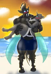 Size: 2016x2956 | Tagged: anthro, artist:blues64, artist:marauder6272, ass, beach, big breasts, blushing, breasts, bridal carry, butt, carrying, changeling, changeling oc, clothes, crotch bulge, curvy, derpibooru import, ebonyxstra, female, hourglass figure, huge breasts, huge butt, large butt, larger male, male, muscles, oc, ocean, oc:ebonheart, oc:sinyxstra, oc x oc, sand, shipping, shorts, size difference, smaller female, straight, suggestive, thighs, thunder thighs, unguligrade anthro, unofficial characters only