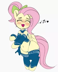 Size: 3737x4584 | Tagged: safe, artist:pabbley, derpibooru import, fluttershy, pegasus, pony, 30 minute art challenge, adorasexy, alternate hairstyle, bard, belly button, belly dancer, blushing, bow, chubby, chubbyshy, clothes, cute, dancer, dancing, eyes closed, fantasy class, female, floppy ears, flutterthighs, hair bow, heart, mare, music notes, open mouth, plump, ponytail, sexy, shyabetes, simple background, singing, smiling, socks, solo, thick, white background