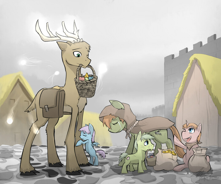 Size: 2100x1750 | Tagged: safe, artist:stupidyou3, derpibooru import, oc, unofficial characters only, deer, pony, cloak, clothes, coin, crying, foal, mouth hold, saddle bag