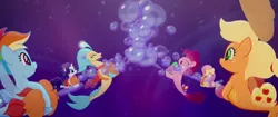 Size: 1920x804 | Tagged: safe, derpibooru import, screencap, applejack, fluttershy, pinkie pie, princess skystar, rainbow dash, rarity, spike, bubble fish, fish, pony, puffer fish, seapony (g4), my little pony: the movie, blowing bubbles, eyes closed, female, having fun, mare, seaponified, seapony applejack, seapony fluttershy, seapony pinkie pie, seapony rainbow dash, seapony rarity, seaquestria, species swap, spike the pufferfish, underwater