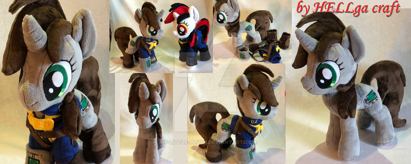 Size: 1024x410 | Tagged: safe, artist:my-little-plush, derpibooru import, oc, oc:blackjack, oc:littlepip, pony, unicorn, fallout equestria, fallout equestria: project horizons, fanfic, clothes, fanfic art, female, hooves, horn, irl, mare, photo, pipbuck, plushie, text, vault suit, watermark