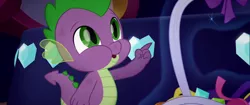 Size: 1920x804 | Tagged: safe, derpibooru import, screencap, spike, dragon, my little pony: the movie, basket, canterlot, cute, gem, green eyes, heart, looking up, male, open mouth, pointing, puffy cheeks, scales, smiling, solo, spikabetes