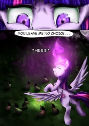 Size: 4299x6071 | Tagged: safe, artist:candyclumsy, derpibooru import, twilight sparkle, twilight sparkle (alicorn), alicorn, pony, comic:curse and madness, absurd resolution, ambiguous gender, cloak, close-up, clothes, comic, cultist, dark, female, flying, forest, hooded cape, magic, mare, mlpcam, night