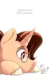 Size: 3300x5000 | Tagged: safe, artist:kiarawizard01, derpibooru import, oc, unofficial characters only, pony, unicorn, animal, female, giant pony, glasses, looking at each other, macro, mare, micro, simple background, solo, white background