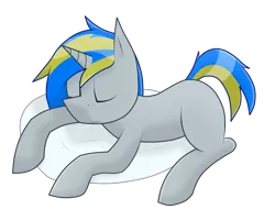 Size: 2094x1675 | Tagged: safe, artist:patataislive, derpibooru import, oc, unofficial characters only, pony, unicorn, adorable face, bed, blue hair, cute, male, simple background, sleeping, solo, stallion, transparent background, yellow hair