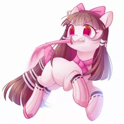 Size: 2000x2000 | Tagged: safe, artist:leafywind, derpibooru import, oc, unofficial characters only, earth pony, pony, bow, clothes, colored pupils, female, hair bow, hairband, mare, mouth hold, simple background, smiling, socks, solo, starry eyes, sword, tail band, tail bow, weapon, white background, wingding eyes