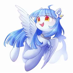 Size: 2000x2000 | Tagged: safe, artist:leafywind, derpibooru import, oc, unofficial characters only, pegasus, pony, choker, colored pupils, female, flying, looking up, mare, open mouth, simple background, smiling, solo, spread wings, starry eyes, white background, wingding eyes, wings