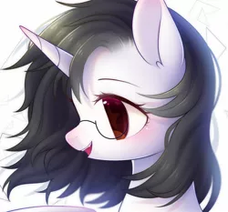 Size: 1500x1400 | Tagged: safe, artist:leafywind, derpibooru import, oc, unofficial characters only, alicorn, pony, abstract background, alicorn oc, bust, colored pupils, ear fluff, female, glasses, mare, open mouth, portrait, profile, smiling, solo, starry eyes, windswept mane, wingding eyes