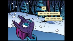 Size: 1280x720 | Tagged: safe, artist:andypriceart, derpibooru import, idw, tempest shadow, pony, spoiler:comic, spoiler:comic67, broken horn, cropped, ears up, eye scar, faic, female, mare, official comic, scar, scared, snow, solo