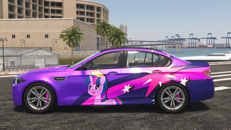 Size: 3840x2160 | Tagged: safe, artist:berryveloce, derpibooru import, twilight sparkle, twilight sparkle (alicorn), alicorn, pony, bmw, bmw 5-series, bmw f10, bmw m5, car, decal, game screencap, the crew 2, video game