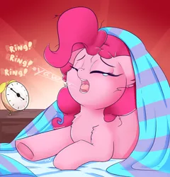 Size: 2300x2400 | Tagged: safe, artist:madacon, derpibooru import, pinkie pie, earth pony, pony, alarm clock, bed, blanket, chest fluff, clock, cute, diapinkes, ear fluff, eyes closed, female, fluffy, mare, morning ponies, open mouth, sleepy, sleepy pie, solo, teary eyes, tongue out, yawn