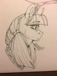 Size: 960x1280 | Tagged: safe, artist:nightmare-moons-throneroom, derpibooru import, twilight sparkle, pony, alternate hairstyle, black and white, bust, ear fluff, ear piercing, earring, female, grayscale, hair tie, jewelry, mare, monochrome, piercing, redraw, regalia, sketch, solo, traditional art