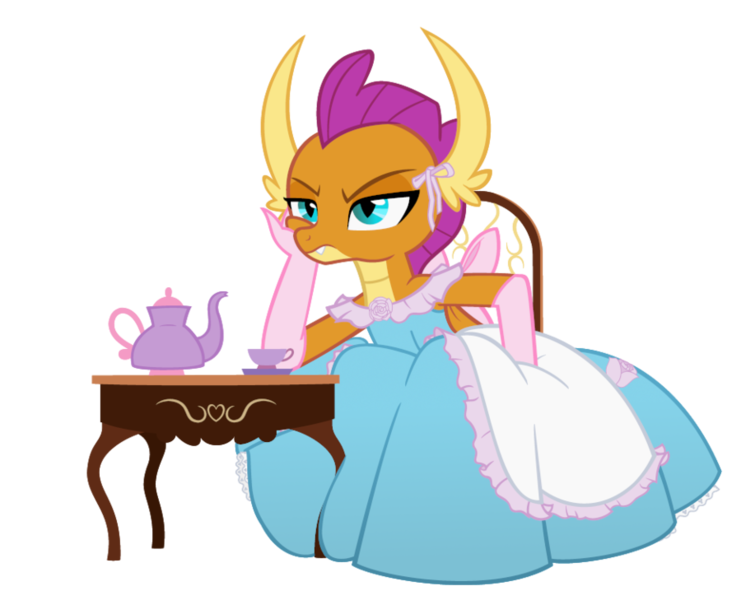 Size: 900x729 | Tagged: artist:queencold, chair, claws, clothes, commission, cup, derpibooru import, dragon, dragoness, dragon wings, dress, fangs, female, frown, gloves, gown, hilarious in hindsight, humiliation, leaning, long gloves, princess smolder, safe, smolder, smolder also dresses in style, smoldere, smolder is not amused, solo, sulking, table, teacup, teapot, tomboy taming, transparent background, tsundere, wings