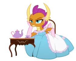 Size: 900x729 | Tagged: artist:queencold, chair, claws, clothes, commission, cup, derpibooru import, dragon, dragoness, dragon wings, dress, fangs, female, frown, gloves, gown, hilarious in hindsight, humiliation, leaning, long gloves, princess smolder, safe, smolder, smolder also dresses in style, smoldere, smolder is not amused, solo, sulking, table, teacup, teapot, tomboy taming, transparent background, tsundere, wings