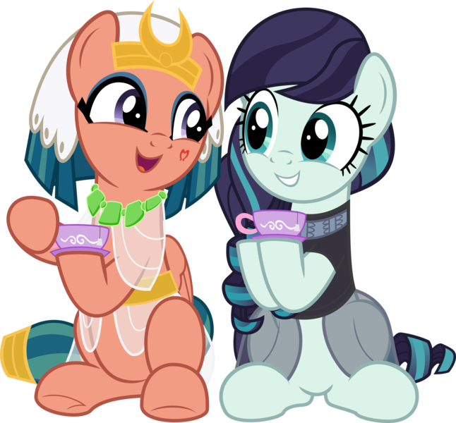 Size: 5769x5361 | Tagged: safe, artist:jhayarr23, derpibooru import, coloratura, somnambula, earth pony, pegasus, pony, legends of magic, absurd resolution, clothes, cup, cute, duo, duo female, eye contact, eyeliner, eyeshadow, female, friendshipping, glowpaz, hoofsies, hope, looking at each other, makeup, mare, open mouth, rara, rarabetes, saucer, see-through, show accurate, simple background, sitting, smiling, somnambetes, sweet dreams fuel, teacup, transparent background, vector