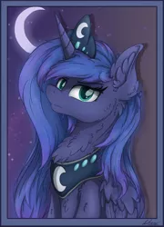 Size: 2040x2835 | Tagged: safe, artist:check3256, derpibooru import, princess luna, alicorn, pony, crescent moon, crown, female, jewelry, looking at you, mare, moon, necklace, night, regalia, stars, transparent moon