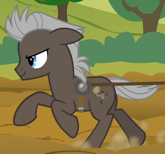 Size: 629x587 | Tagged: safe, derpibooru import, screencap, burnt oak, earth pony, pony, the perfect pear, cropped, male, running, teenager, tilling, younger