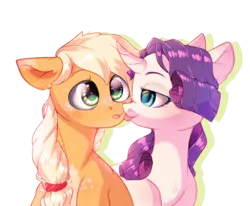 Size: 3600x2972 | Tagged: safe, artist:rizzych, derpibooru import, applejack, rarity, earth pony, pony, unicorn, blushing, curved horn, cute, female, jackabetes, lesbian, lidded eyes, looking at each other, mare, raribetes, rarijack, shipping, simple background, tongue out, transparent background