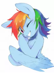 Size: 1536x2048 | Tagged: safe, artist:30clock, derpibooru import, rainbow dash, pegasus, pony, bust, cute, dashabetes, female, looking at you, mare, one eye closed, simple background, smiling, solo, white background, wink