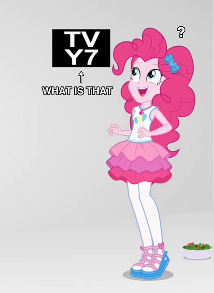 Size: 1048x1434 | Tagged: safe, derpibooru import, edit, edited screencap, screencap, pinkie pie, equestria girls, equestria girls series, rollercoaster of friendship, breaking the fourth wall, cropped, food, fourth wall, geode of sugar bombs, question mark, salad, smiling, solo, tv rating, tv-y7