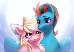 Size: 2000x1400 | Tagged: safe, artist:fenwaru, derpibooru import, oc, oc:andrew swiftwing, oc:bay breeze, unofficial characters only, pegasus, pony, blushing, bow, couple, female, hair bow, looking at each other, male, mare, smiling, stallion, straight, swiftbreeze