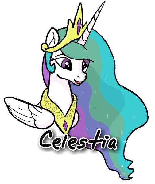 Size: 913x1085 | Tagged: safe, artist:fork, derpibooru import, princess celestia, alicorn, pony, beautiful, crown, female, folded wings, jewelry, mare, multicolored mane, name, necklace, peytral, purple eyes, regalia, smiling, solo, text