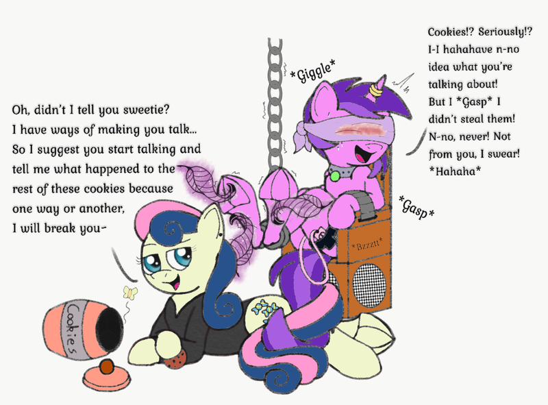 Size: 1280x945 | Tagged: questionable, alternate version, artist:darkknighthoof, artist:icey-wicey-1517, color edit, derpibooru import, edit, amethyst star, bon bon, sweetie drops, earth pony, moth, pony, unicorn, ballgag, bdsm, bedroom eyes, blindfold, blushing, bondage, bondage furniture, catsuit, chains, chair, collar, colored, commission, cookie, cookie jar, crack shipping, dialogue, ear piercing, earring, egg vibrator, empty, erotic tickling, feather, female, femdom, femsub, fetish, food, frog (hoof), gag, hoof fetish, hoof tickling, horn ring, implied insertion, implied vaginal insertion, interrogation, intertwined tails, jewelry, latex, latex suit, laughing, lesbian, magic, magic suppression, mare, open mouth, pet tag, piercing, sex toy, shipping, sparklerbon, submissive, subtly explicit, sweat, telekinesis, tickle fetish, tickle torture, tickling, tickling quill, torture, underhoof, vibrator, wall of tags