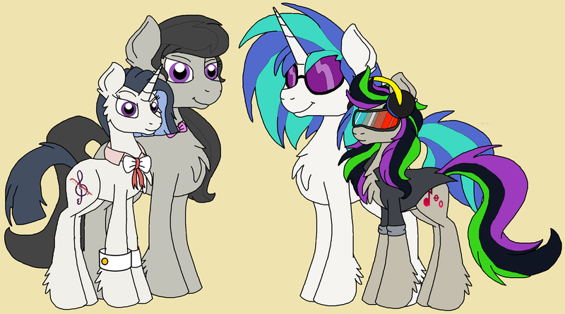 Size: 2756x1532 | Tagged: safe, artist:rosefang16, derpibooru import, octavia melody, vinyl scratch, oc, oc:nuance harmoney, oc:sawtooth vibe, earth pony, pony, unicorn, icey-verse, bowtie, clothes, cuffs (clothes), family, female, glasses, headphones, jacket, lesbian, magical lesbian spawn, mare, next generation, offspring, parent:octavia melody, parent:vinyl scratch, parents:scratchtavia, scratchtavia, shipping, simple background, sunglasses, tan background, vinyl's glasses