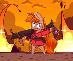 Size: 2304x1920 | Tagged: safe, artist:dsp2003, derpibooru import, oc, oc:slypai, pony, unicorn, ace of hearts, bipedal, blushing, chibi, cloud, colt, commission, cute, explosion, male, open mouth, signature, smoke, soldier, style emulation, team fortress 2