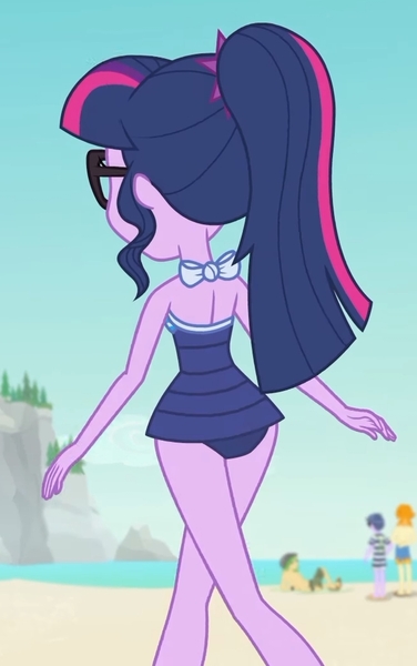 Size: 1317x2100 | Tagged: safe, derpibooru import, screencap, microchips, sandalwood, sci-twi, twilight sparkle, valhallen, equestria girls, equestria girls series, forgotten friendship, ass, beach, butt, clothes, cropped, female, ponytail, sexy, swimsuit