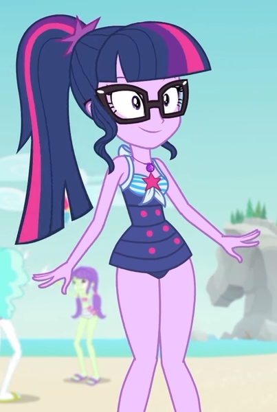 Size: 1411x2100 | Tagged: safe, derpibooru import, screencap, sci-twi, starlight, twilight sparkle, equestria girls, equestria girls series, forgotten friendship, background human, beach, clothes, cropped, geode of telekinesis, glasses, legs, ponytail, sexy, swimsuit, thighs