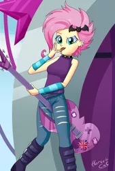 Size: 2500x3700 | Tagged: suggestive, artist:horsecat, derpibooru import, fluttershy, equestria girls, equestria girls series, rollercoaster of friendship, alternate hairstyle, breasts, clothes, drool, drool string, flutterpunk, guitar, short hair