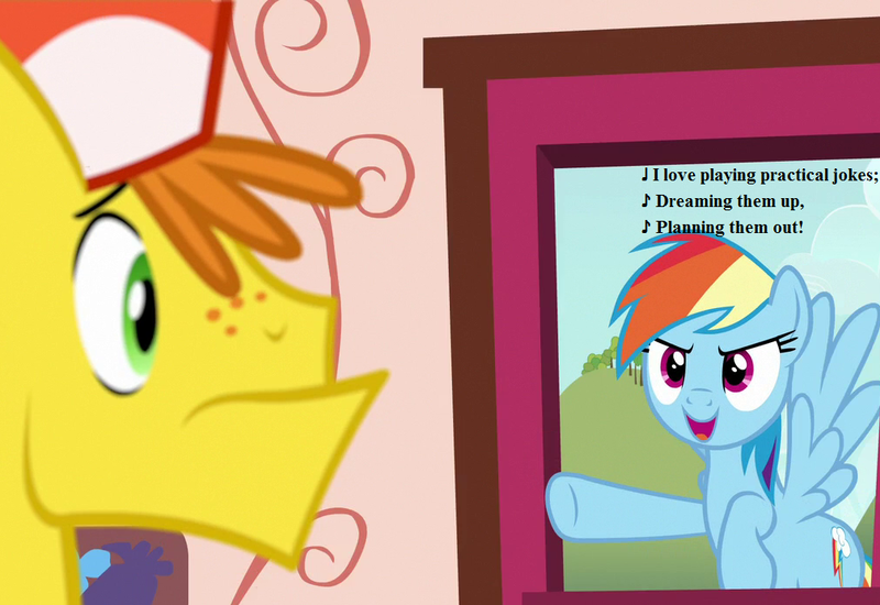 Size: 1008x693 | Tagged: 28 pranks later, carrot cake, cropped, derpibooru import, edit, edited screencap, g1, g1 to g4, generation leap, hat, lyrics, my little pony tales, rainbow dash, safe, screencap, song reference, sugarcube corner, text, the impractical joker