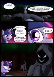 Size: 750x1066 | Tagged: semi-grimdark, artist:theravencriss, derpibooru import, twilight sparkle, twilight sparkle (alicorn), alicorn, pony, comic:curse and madness, ambiguous gender, cloak, clothes, comic, creepy, creepy smile, cultist, dark, evil grin, female, forest, grin, hooded cape, mare, mlpcam, night, smiling, text bubbles