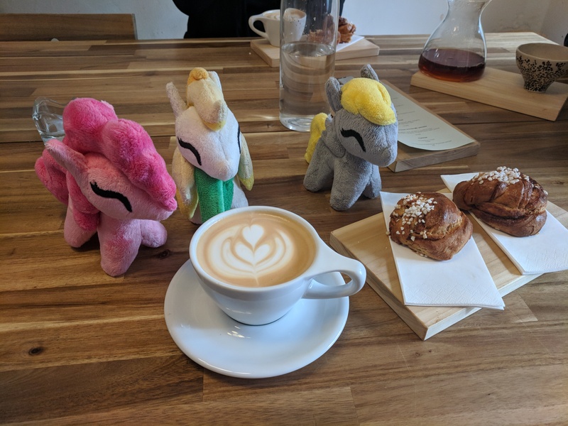 Size: 4048x3036 | Tagged: safe, artist:junky2k, derpibooru import, derpy hooves, pinkie pie, oc, oc:dandelion blossom, pony, bread, chibi, coffee, food, irl, latte, photo, plushie