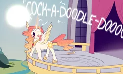 Size: 1500x908 | Tagged: safe, artist:evehly, derpibooru import, princess celestia, alicorn, pony, balcony, behaving like a bird, behaving like a chicken, behaving like a rooster, canterlot castle, colored wings, colored wingtips, crowing, day, derp, faic, female, floppy ears, glowing horn, hoof shoes, magic, majestic as fuck, mare, open mouth, raising the sun, river, roosterlestia, sillestia, silly, silly pony, sky, solo, spread wings, sun, sun work, tongue out, wide eyes, wings