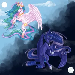 Size: 3000x3000 | Tagged: safe, artist:fellabyss, artist:spaceyart1, derpibooru import, princess celestia, princess luna, alicorn, pony, collaboration, crown, female, jewelry, mare, necklace, regalia, sisters