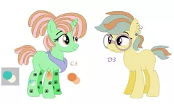 Size: 761x456 | Tagged: safe, artist:mlpfangirl17, artist:selenaede, derpibooru import, oc, oc:grass notes, oc:harp, unofficial characters only, earth pony, pony, unicorn, bandana, base used, dreadlocks, duo, ear piercing, earring, female, glasses, hipster, jewelry, magical lesbian spawn, mare, next generation, offscreen character, offspring, parent:lyra heartstrings, parent:tree hugger, piercing, ponytail, simple background, sisters, tattoo, white background