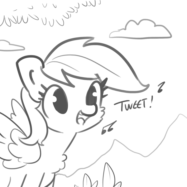 Size: 1650x1650 | Tagged: safe, artist:tjpones, derpibooru import, rainbow dash, bird, pegasus, pony, behaving like a bird, birb, bird noises, cheek fluff, chest fluff, cute, dashabetes, female, fluffy, grayscale, happy, lineart, mare, meta, monochrome, music notes, open mouth, simple background, smiling, solo, spread wings, tjpones is trying to murder us, white background, wings