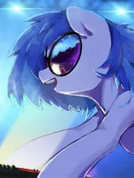 Size: 1536x2048 | Tagged: safe, artist:30clock, derpibooru import, vinyl scratch, pony, unicorn, audience, female, glasses, image, jpeg, lights, mare, missing horn, mixing console, open mouth, open smile, reflection, smiling, solo, vinyl scratch's glasses