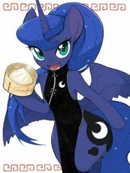 Size: 1536x2048 | Tagged: alicorn, artist:30clock, bottom heavy, cheongsam, clothes, derpibooru import, dress, dumplings, female, food, looking at you, mare, open mouth, princess luna, safe, semi-anthro, side slit, solo, wide hips