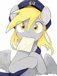 Size: 1536x2048 | Tagged: safe, artist:30clock, derpibooru import, derpy hooves, pegasus, pony, blushing, envelope, female, hat, letter, mailbag, mailmare, mare, mouth hold, simple background, solo, white background